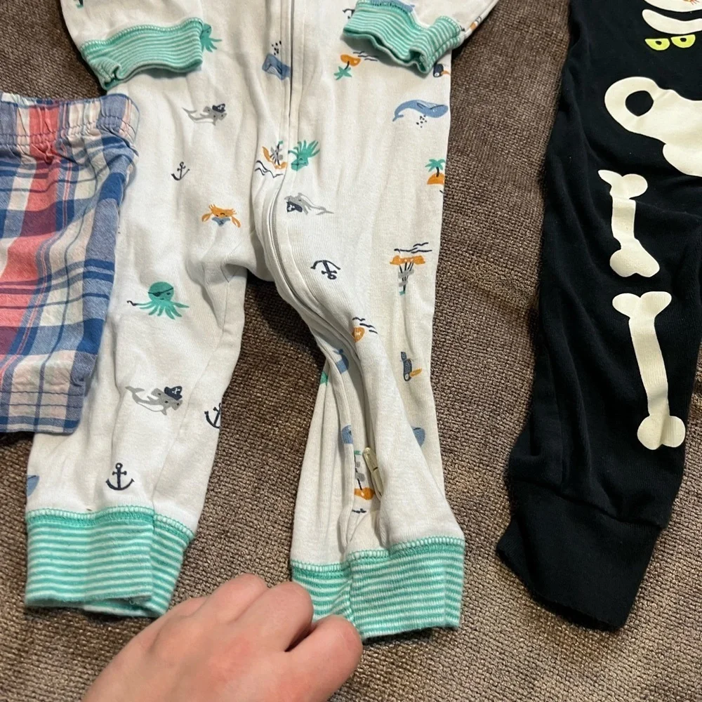 9 Month Baby Bundle: Plaid Shorts, Skeleton Onesie and Sea Life One Piece Set